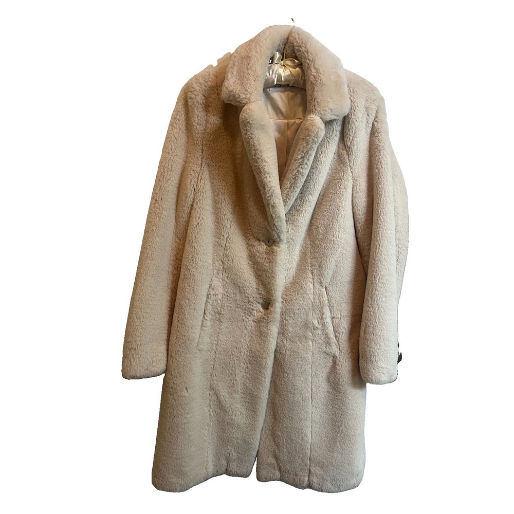 Calvin Klein Vintage Coat Cream Faux Fur Lapel Button Long Soft Women's Medium